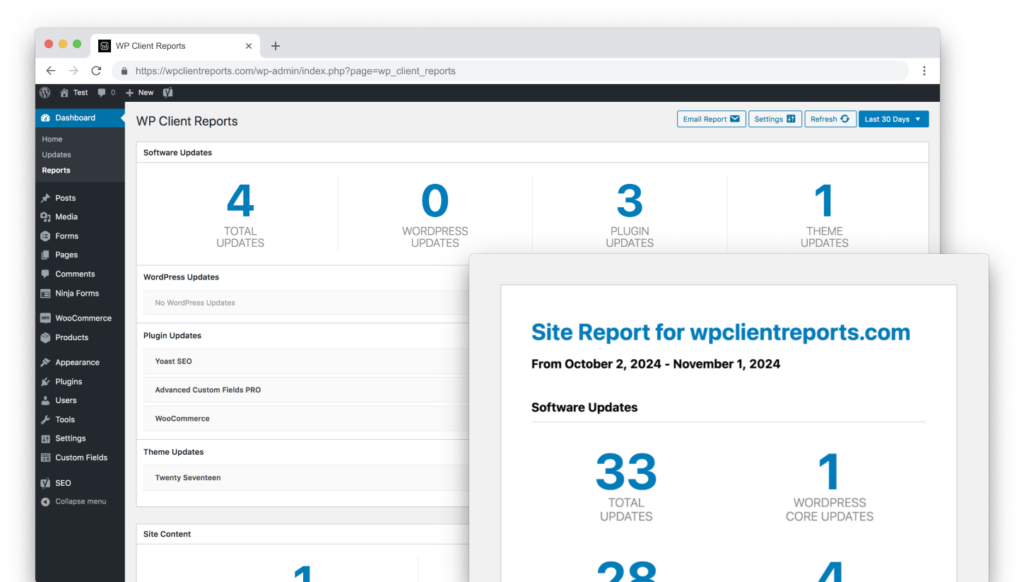 A composite image of the WP Client Reports dashboard and report email layered on top.
