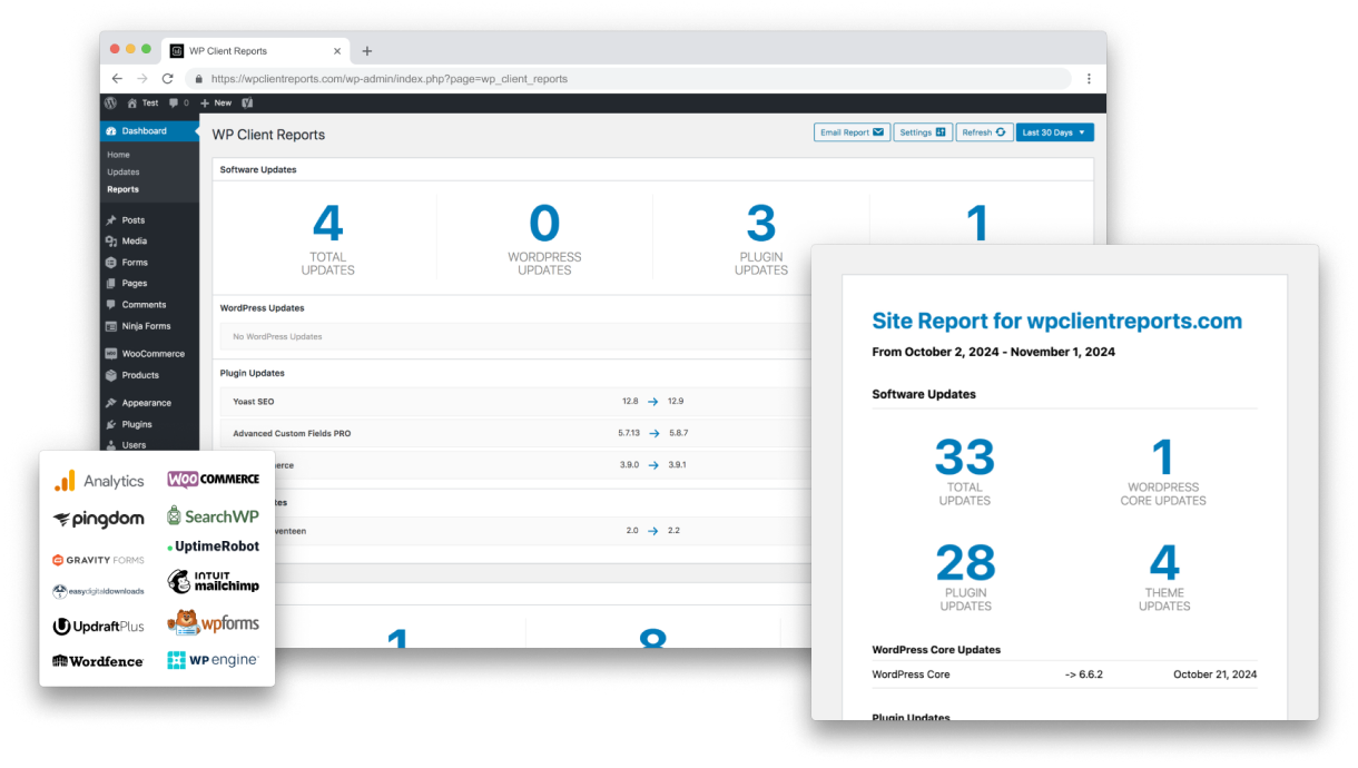 A composite image of the WP Client Reports dashboard and report email layered on top.